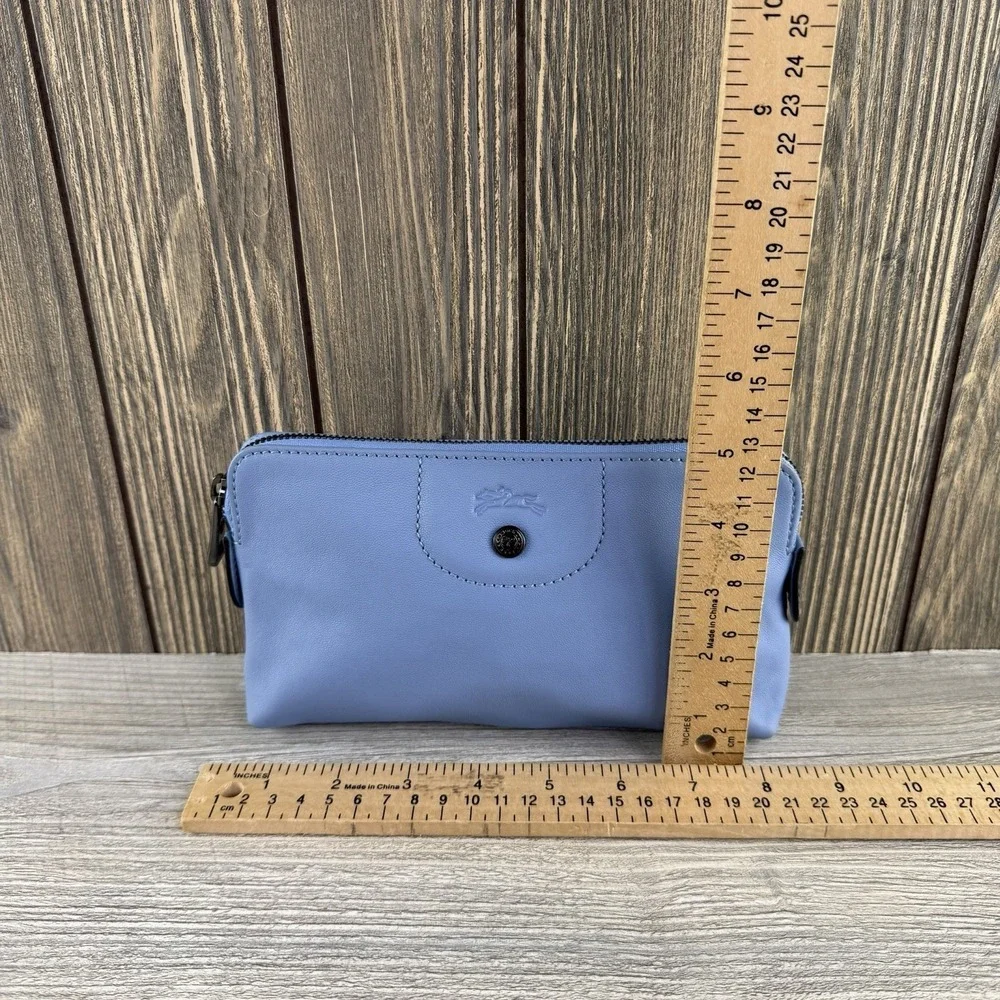Longchamp Le Pliage Cuir Leather Pouch Cosmetic Bag Pilot Blue Zip Clutch